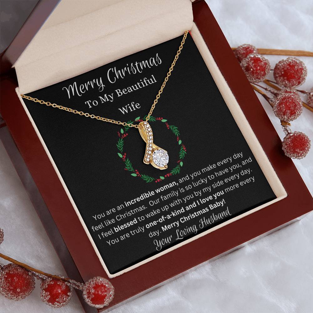 Festive Merry Christmas To Beautiful Wife Ribbon Pendant CZ Diamond Necklace