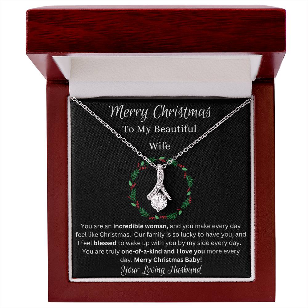 Festive Merry Christmas To Beautiful Wife Ribbon Pendant CZ Diamond Necklace