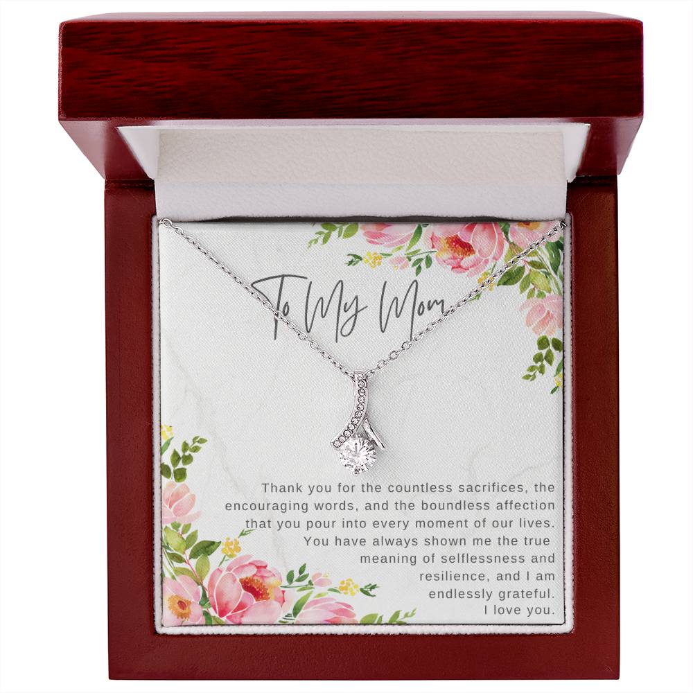 "Note To My Mom" Heartfelt Message Card and Ribbon CZ Diamond Pendant Necklace