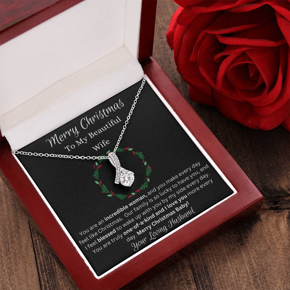 Festive Merry Christmas To Beautiful Wife Ribbon Pendant CZ Diamond Necklace