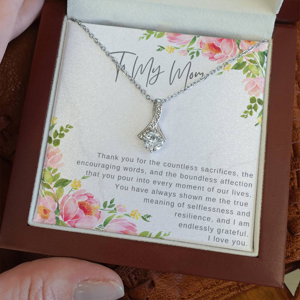 "Note To My Mom" Heartfelt Message Card and Ribbon CZ Diamond Pendant Necklace