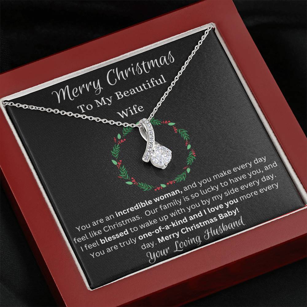 Festive Merry Christmas To Beautiful Wife Ribbon Pendant CZ Diamond Necklace