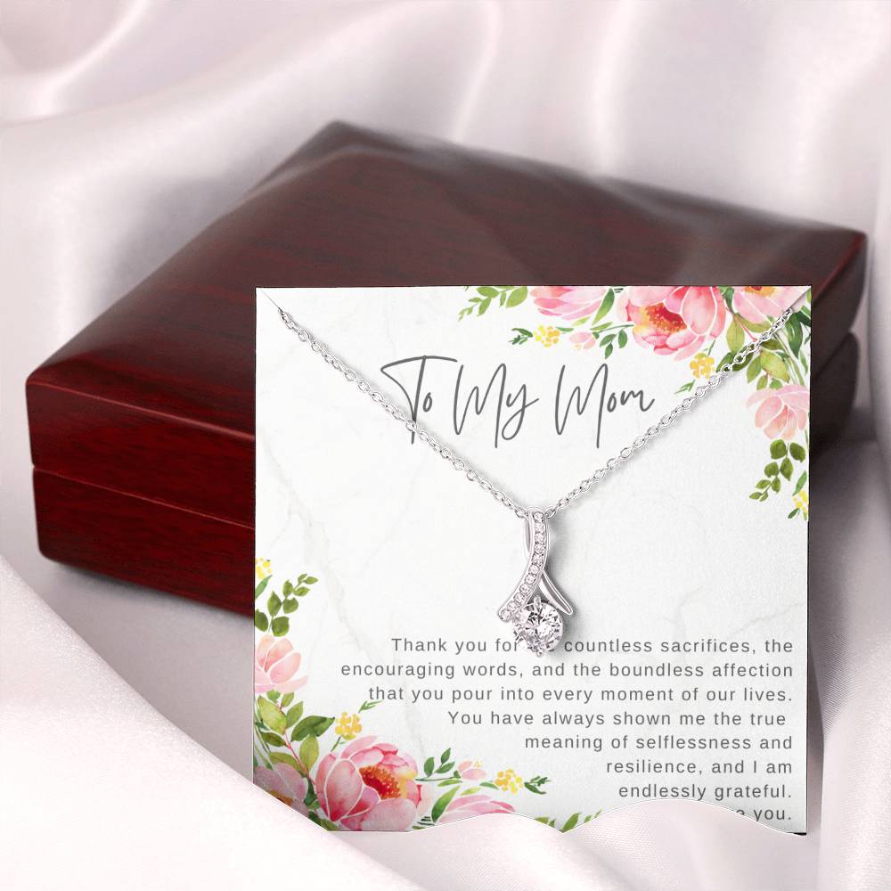 "Note To My Mom" Heartfelt Message Card and Ribbon CZ Diamond Pendant Necklace