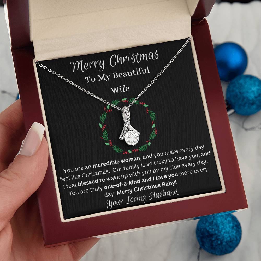 Festive Merry Christmas To Beautiful Wife Ribbon Pendant CZ Diamond Necklace