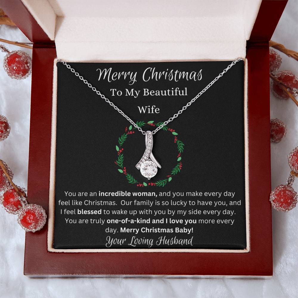 Festive Merry Christmas To Beautiful Wife Ribbon Pendant CZ Diamond Necklace