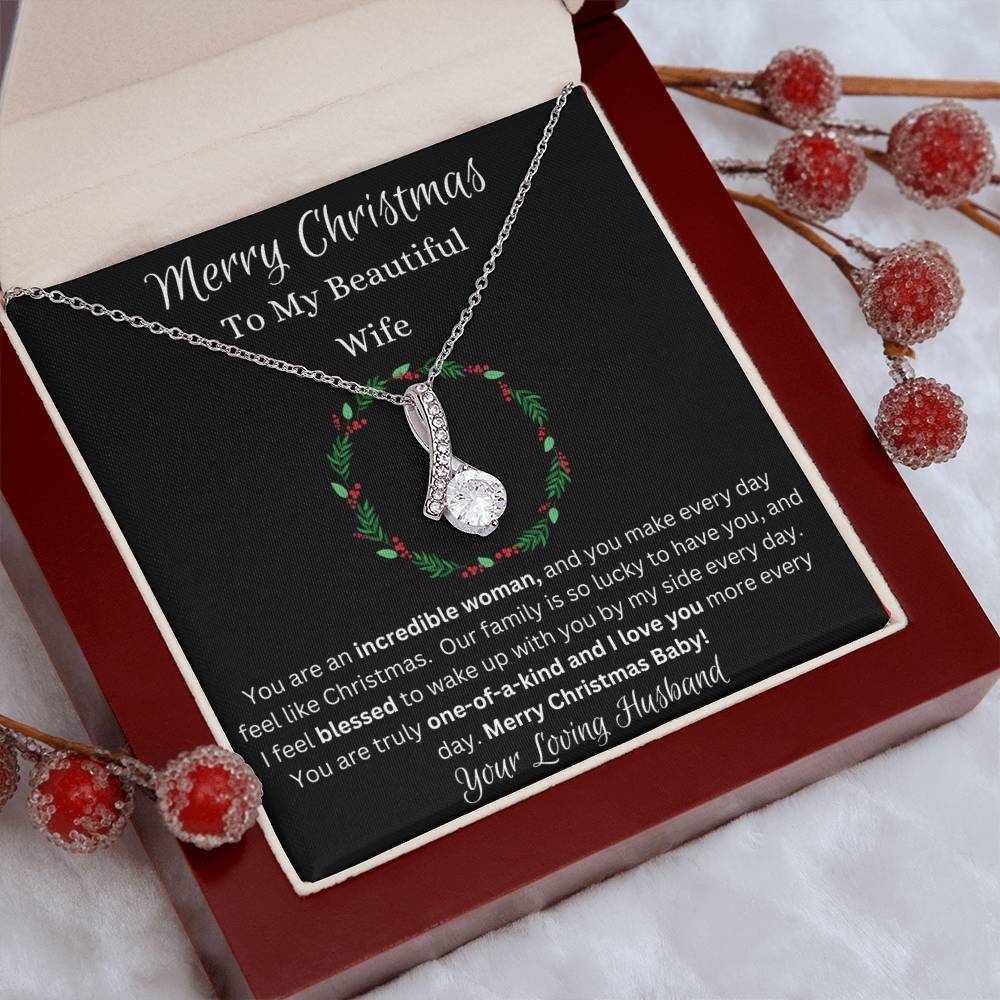 Festive Merry Christmas To Beautiful Wife Ribbon Pendant CZ Diamond Necklace