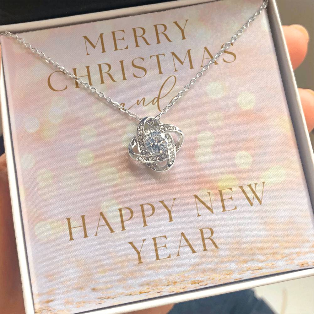 "Merry Christmas and Happy New Year" Infinity Loop CZ Diamond and Crystal Pendant Necklace