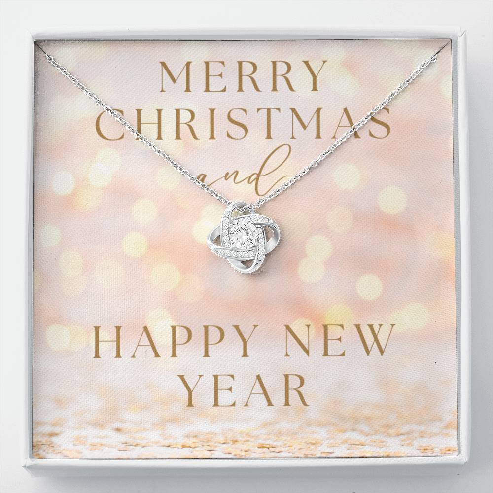 "Merry Christmas and Happy New Year" Infinity Loop CZ Diamond and Crystal Pendant Necklace