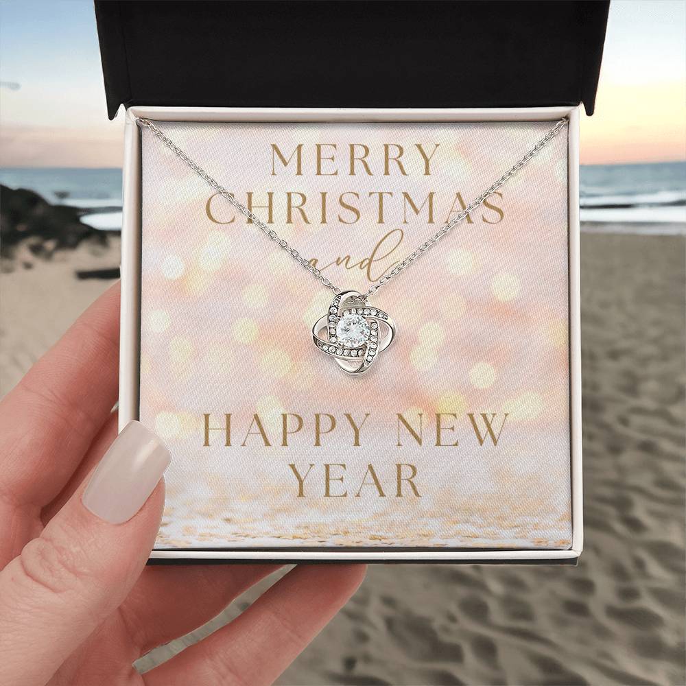 "Merry Christmas and Happy New Year" Infinity Loop CZ Diamond and Crystal Pendant Necklace