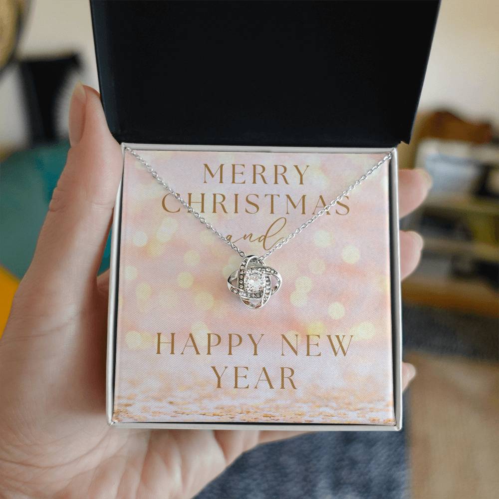 "Merry Christmas and Happy New Year" Infinity Loop CZ Diamond and Crystal Pendant Necklace