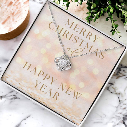 "Merry Christmas and Happy New Year" Infinity Loop CZ Diamond and Crystal Pendant Necklace