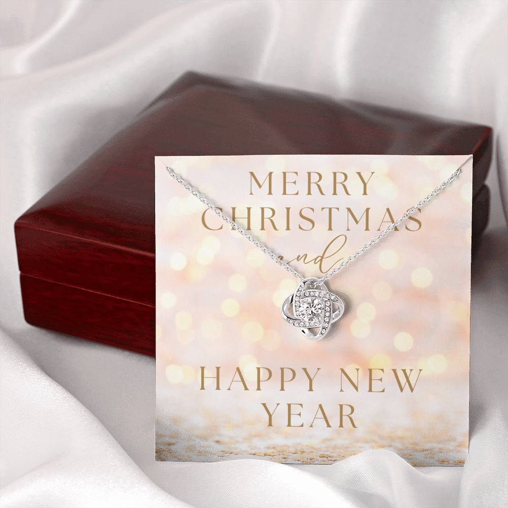 "Merry Christmas and Happy New Year" Infinity Loop CZ Diamond and Crystal Pendant Necklace