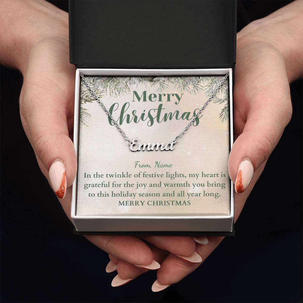 Personalized Name Plate Necklace on Festive Evergreen Message Card