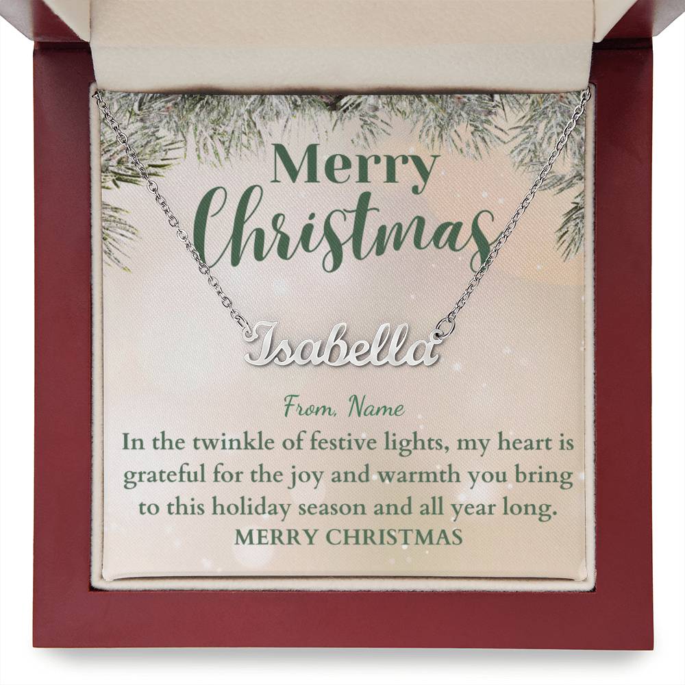 Personalized Name Plate Necklace on Festive Evergreen Message Card