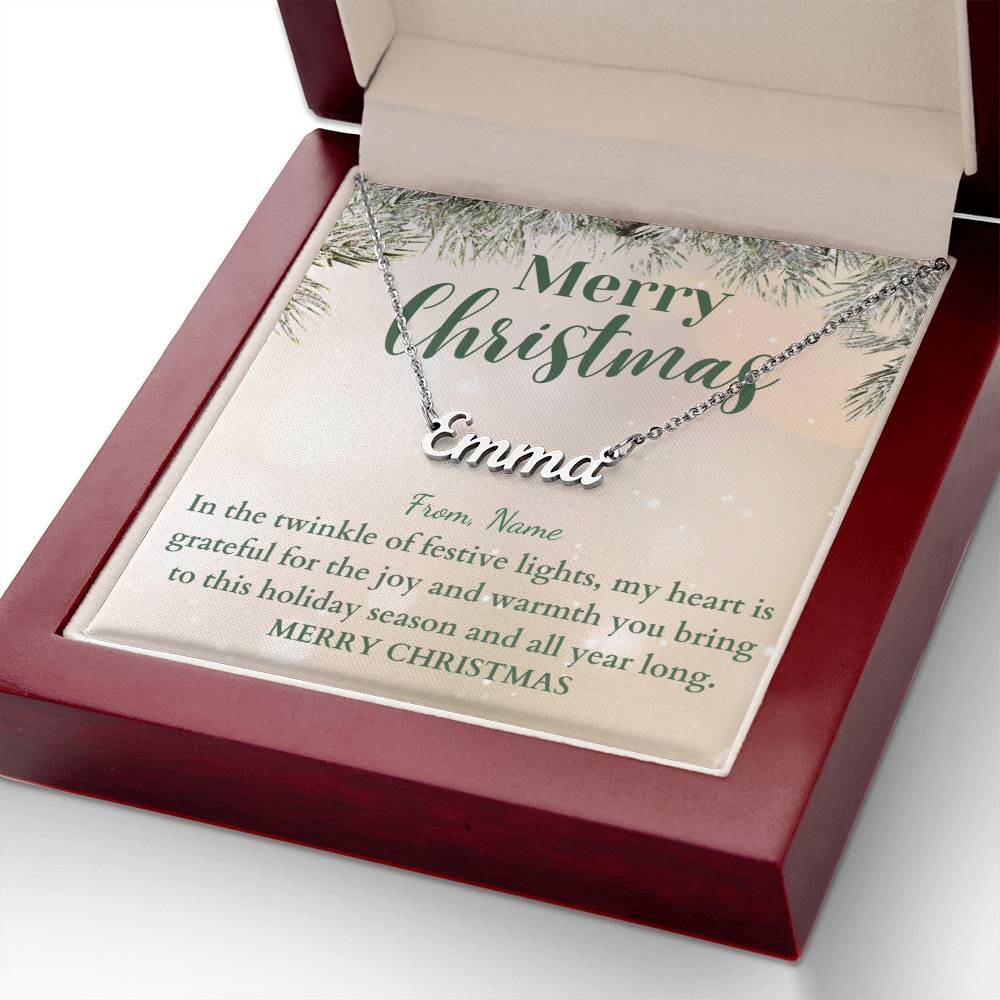 Personalized Name Plate Necklace on Festive Evergreen Message Card