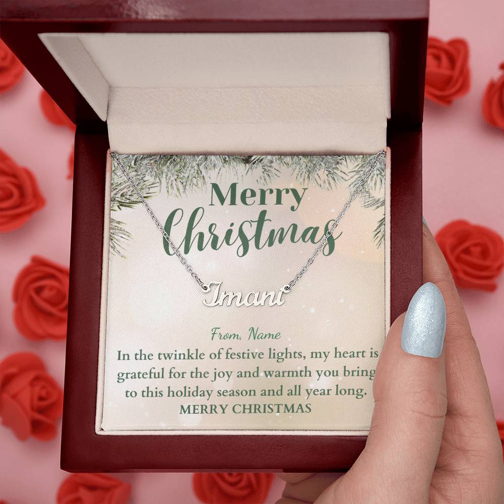 Personalized Name Plate Necklace on Festive Evergreen Message Card