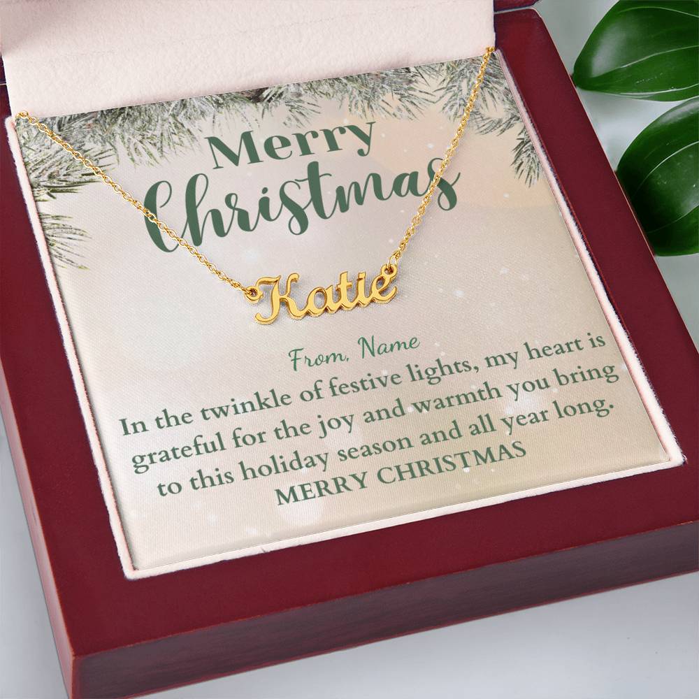 Personalized Name Plate Necklace on Festive Evergreen Message Card