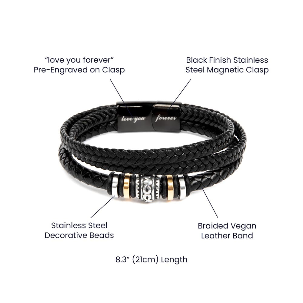 Men's "Love You Forever" Leather Braided Bracelet with Engraved Magnetic Clasp