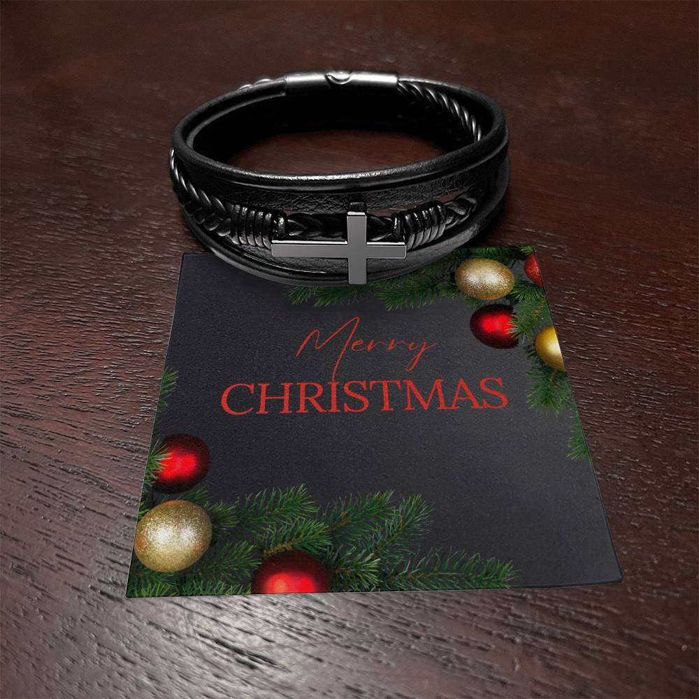 Men's Leather Strap Bracelet with Stainless Steel Cross