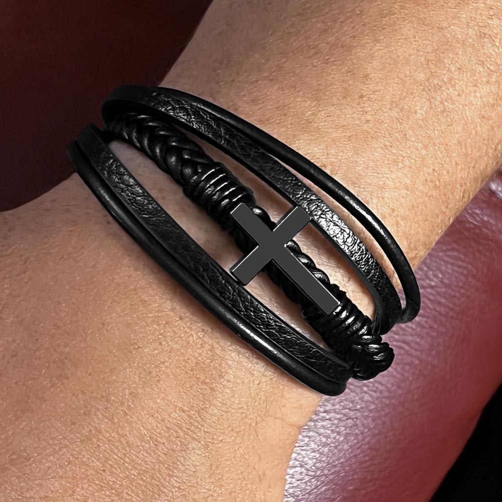 Men's Leather Strap Bracelet with Stainless Steel Cross