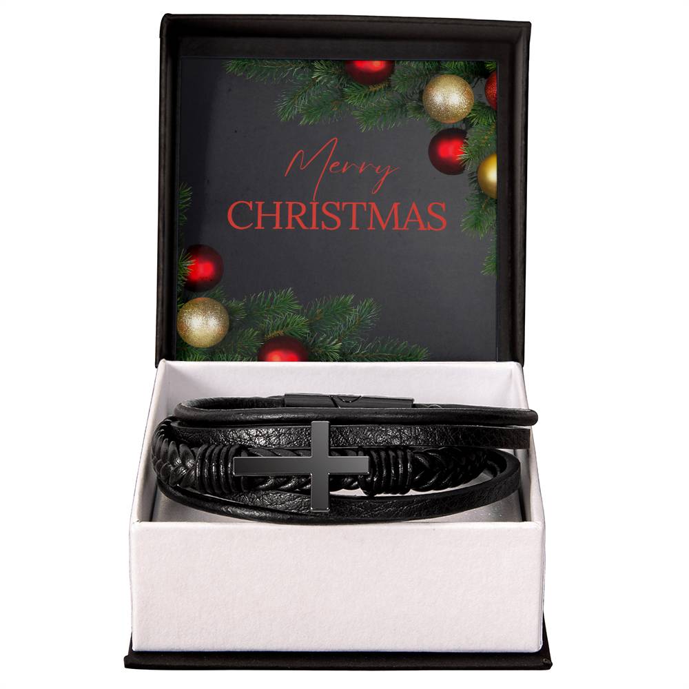 Men's Leather Strap Bracelet with Stainless Steel Cross