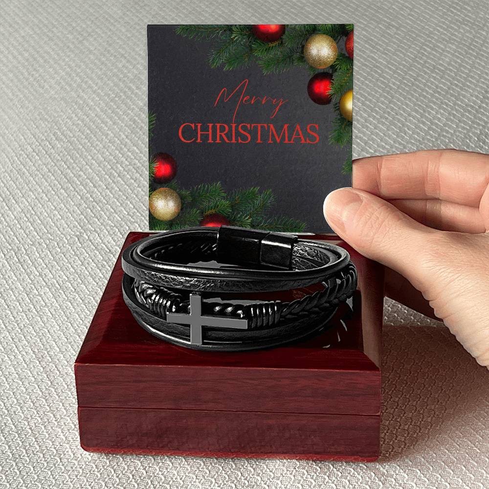 Men's Leather Strap Bracelet with Stainless Steel Cross