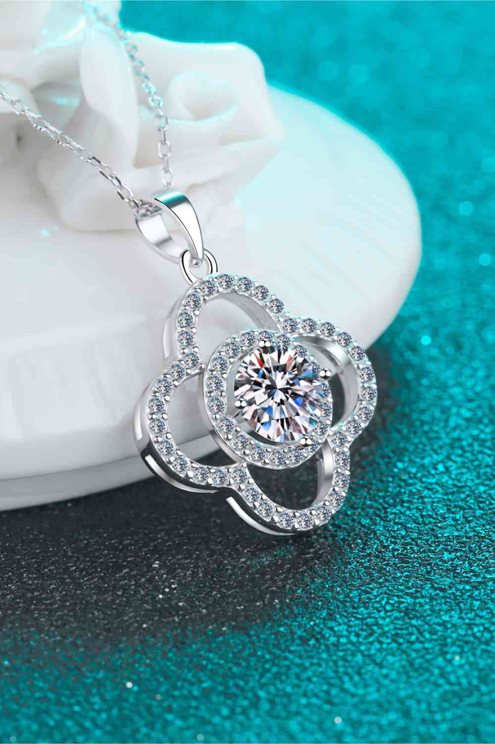 1 Carat Moissanite Pave Clover Sterling Silver Necklace